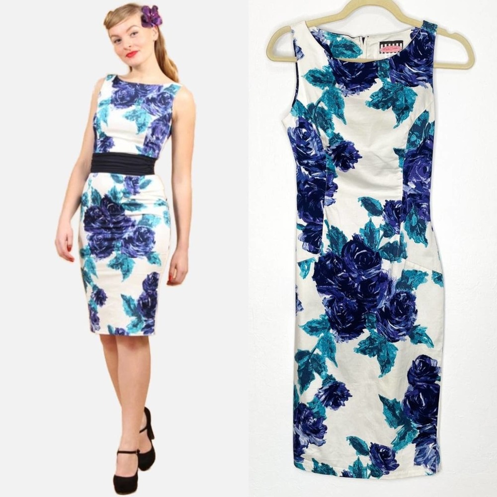 Pinup Couture Retro Amelia Floral Rose Sleeveless Midi Wiggle Sheath Dress S